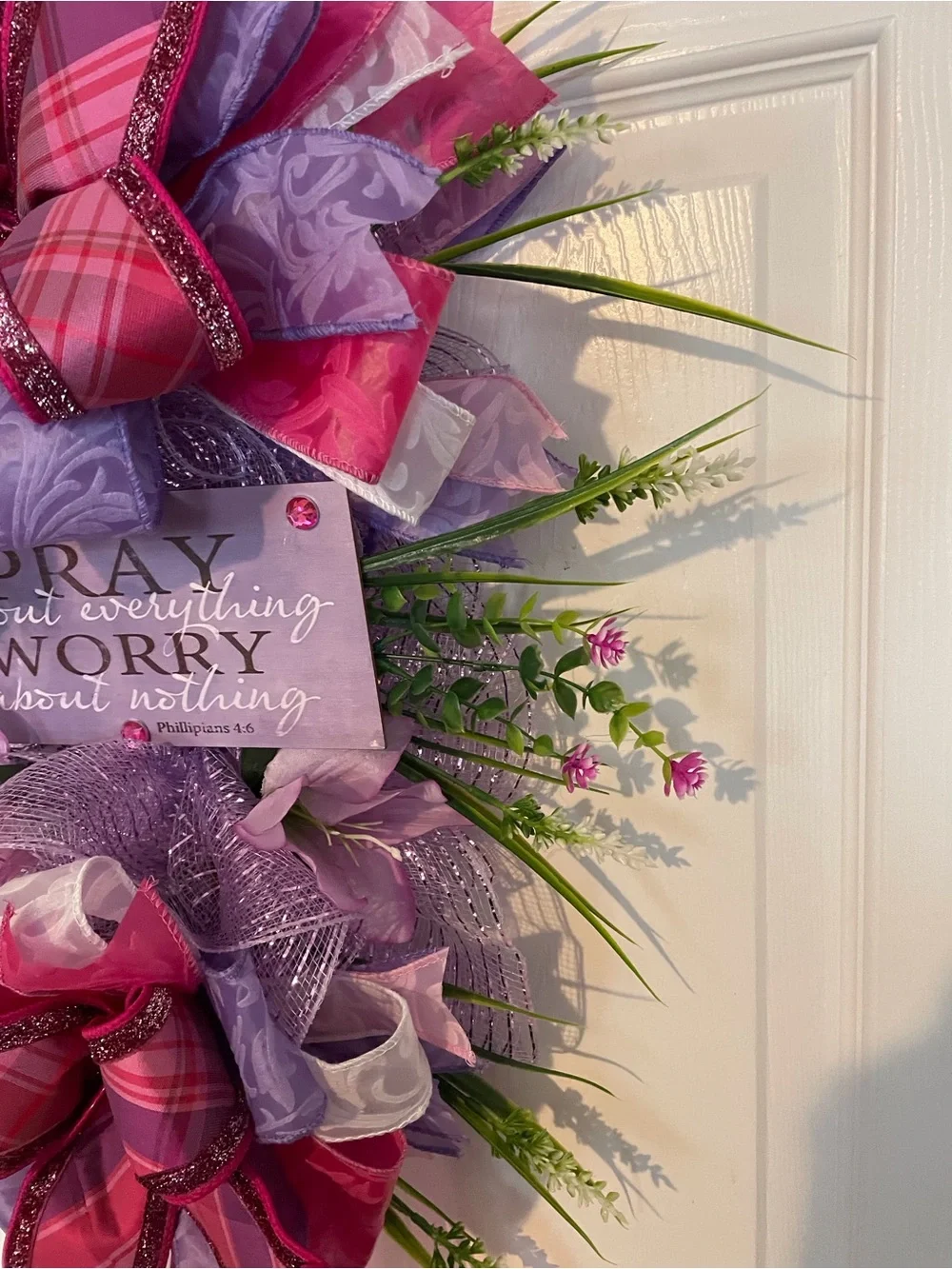 Home Holiday Pink & Purple Ribbon Door Swag with Floral Accents